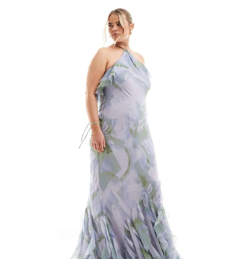 ASOS DESIGN Curve ruffle halter bias maxi dress with ruffle hem in soft floral print-Multi