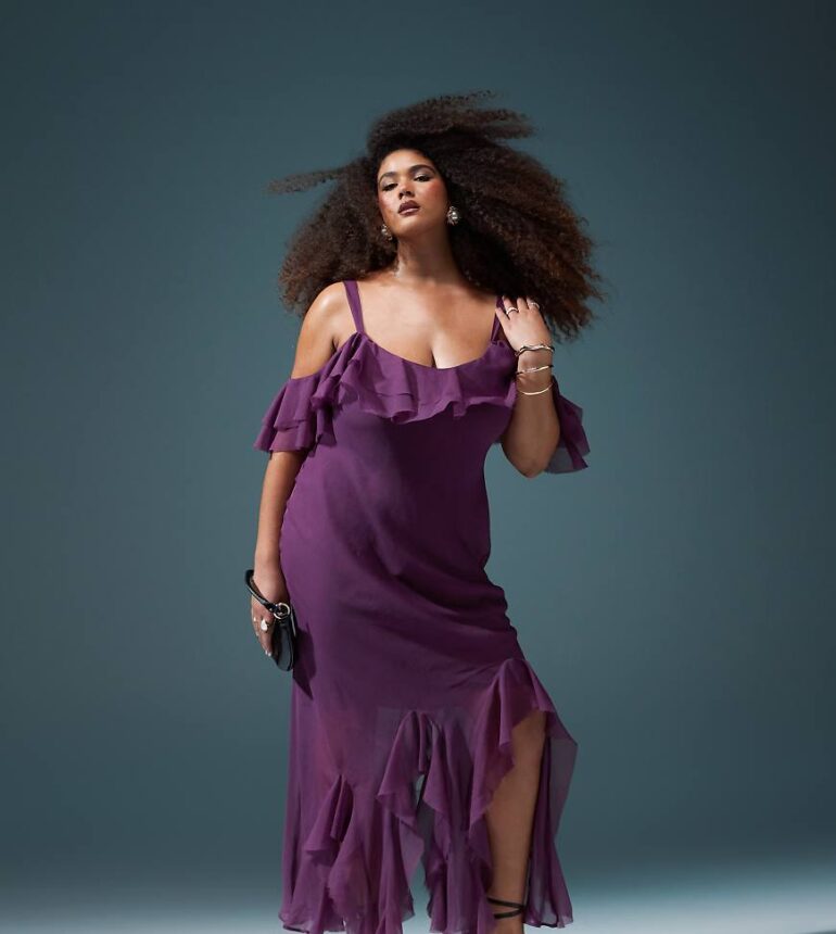 ASOS DESIGN Curve ruffle off shoulder maxi dress with asymmetric godets in aubergine-Purple