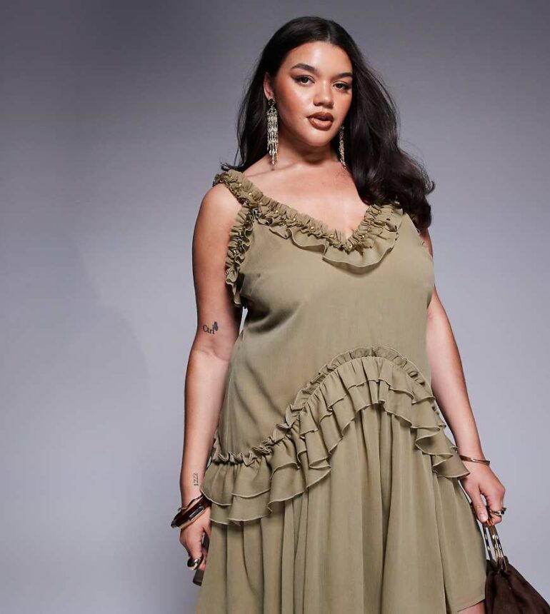 ASOS DESIGN Curve ruffle strap detail mini dress with gold trim in khaki-Green