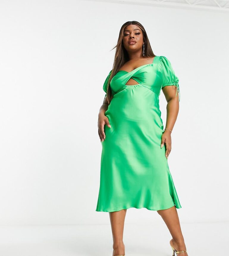 ASOS DESIGN Curve satin midi tea dress with twist front in green