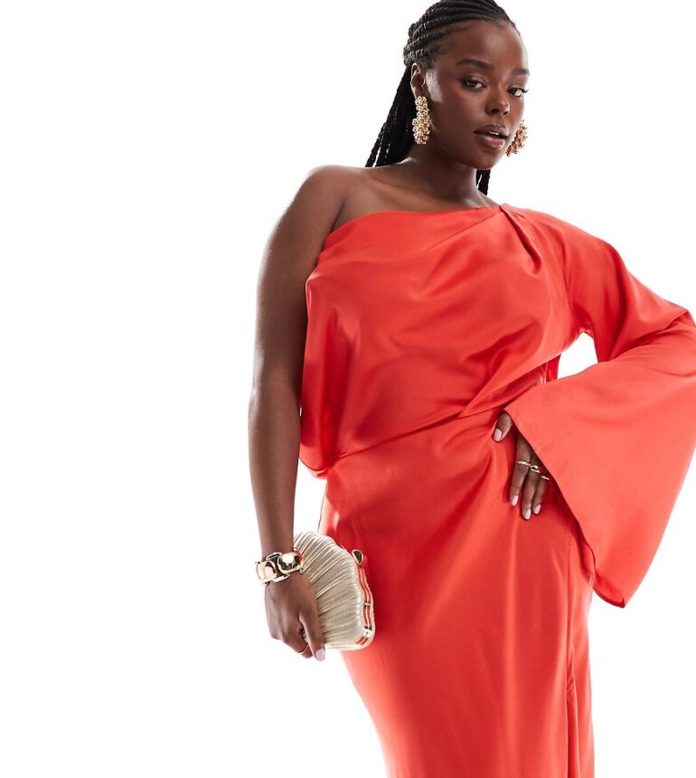 ASOS DESIGN Curve satin off shoulder asymmetric maxi dress in red