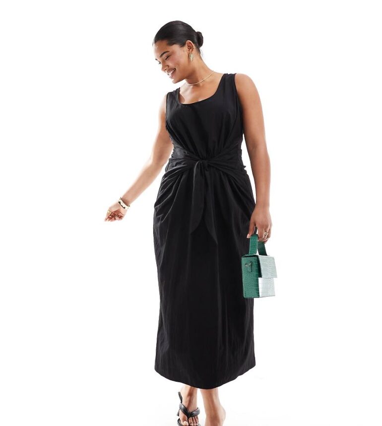 ASOS DESIGN Curve scoop neck tie front midi dress-Black