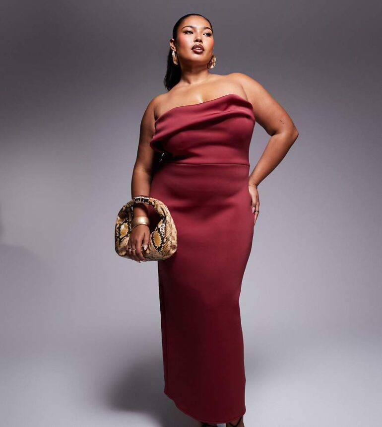 ASOS DESIGN Curve scuba structured bust detail midi dress in burgundy