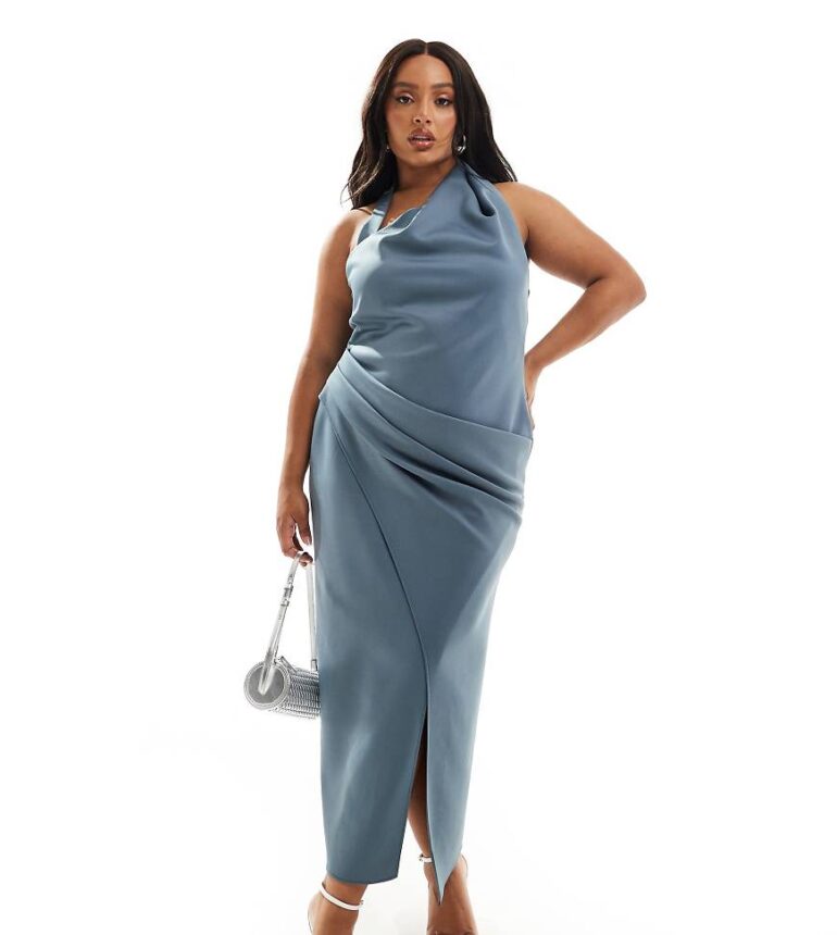 ASOS DESIGN Curve scuba wrap around halter neck midi dress in petrol blue