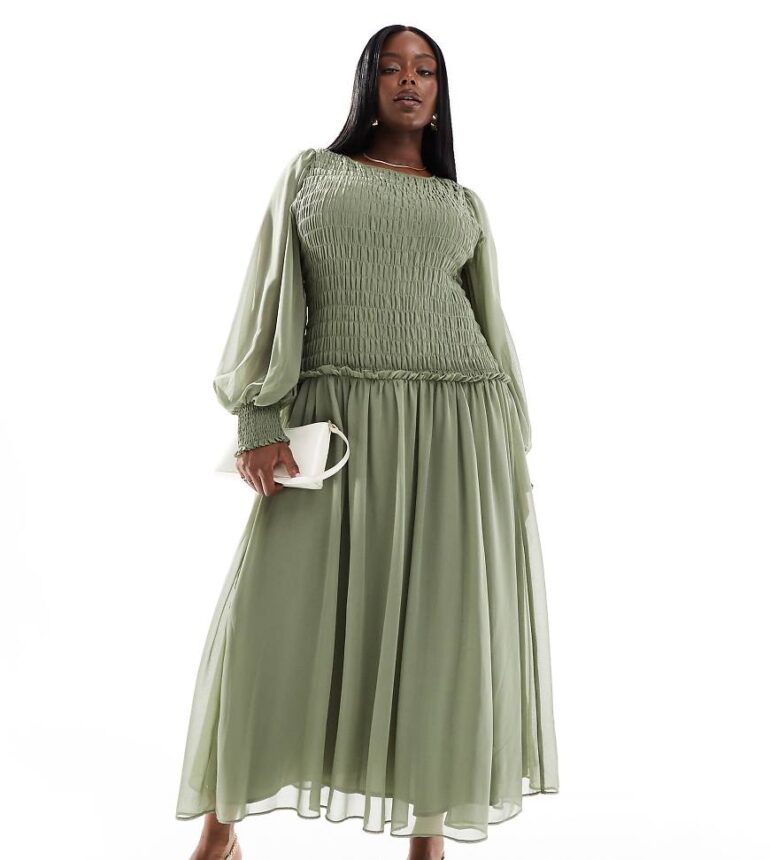 ASOS DESIGN Curve shirred bodice tie up back midi dress in green