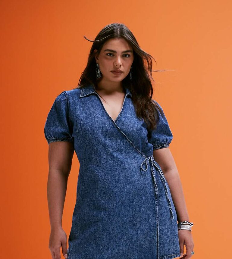 ASOS DESIGN Curve soft denim wrap dress in midwash blue