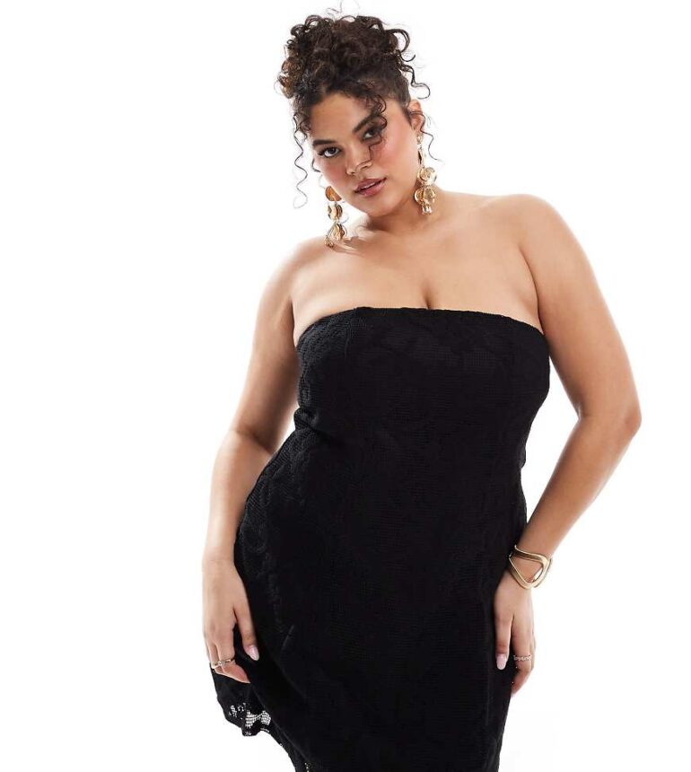 ASOS DESIGN Curve structured bandeau mini dress with lace overlay in black