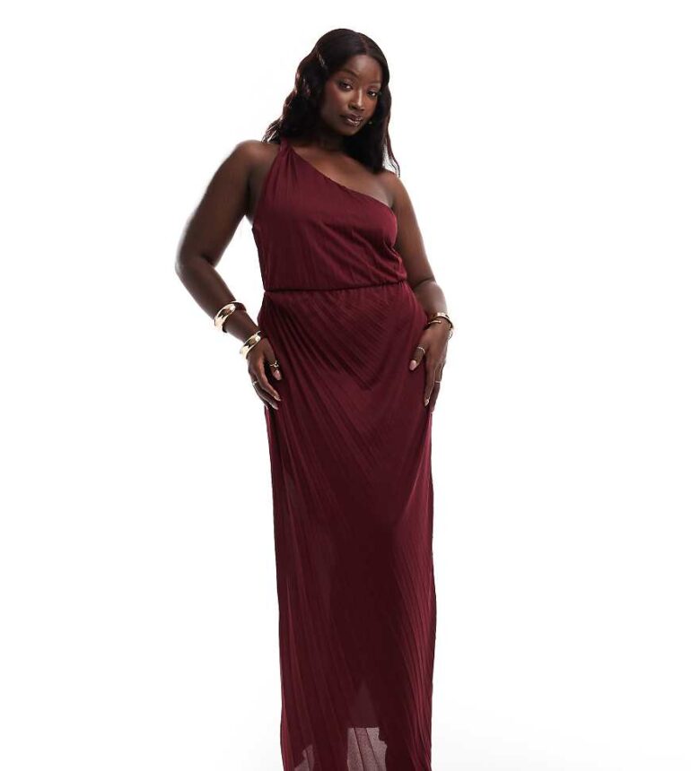 ASOS DESIGN Curve twist one shoulder pleated maxi dress in berry-Red