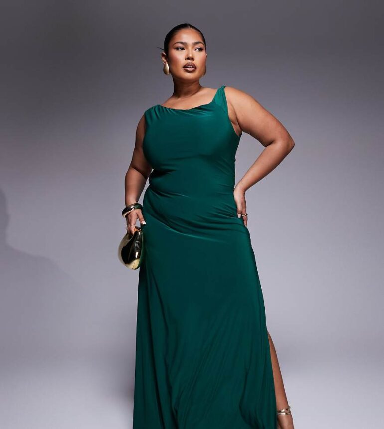 ASOS DESIGN Curve twist shoulder with lace up back maxi dress in emerald green