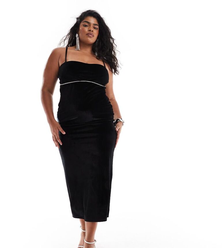ASOS DESIGN Curve velvet strappy cami pencil midi dress with diamante trim detail in black