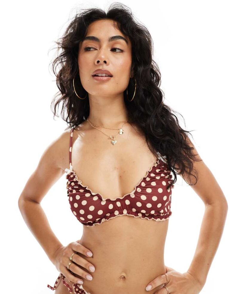 ASOS DESIGN Ginny scoop bikini crop top in spot print-Brown