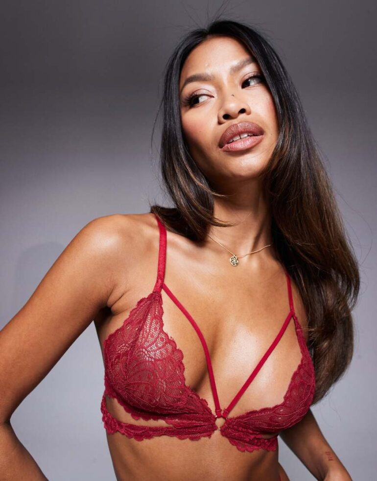 ASOS DESIGN Kimmy lace strappy cut out triangle bra in burgundy-Red