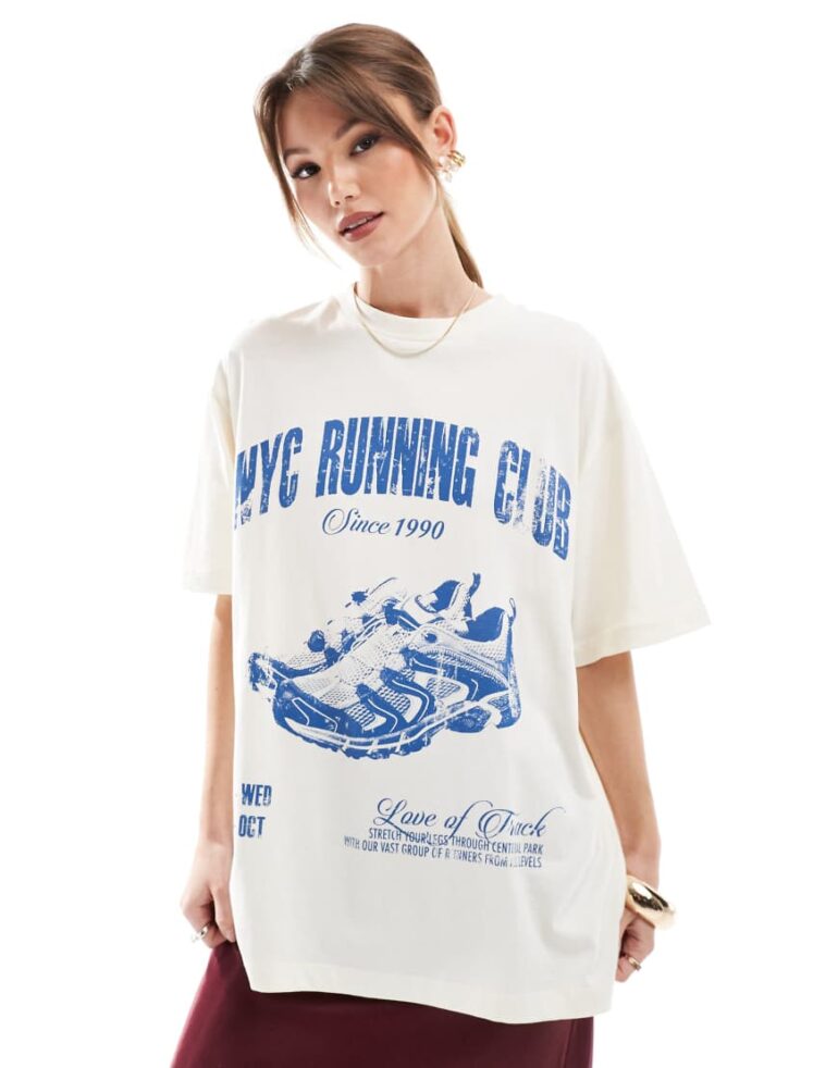 ASOS DESIGN Oversized t shirt in texture with Running Club Graphic in cream-White