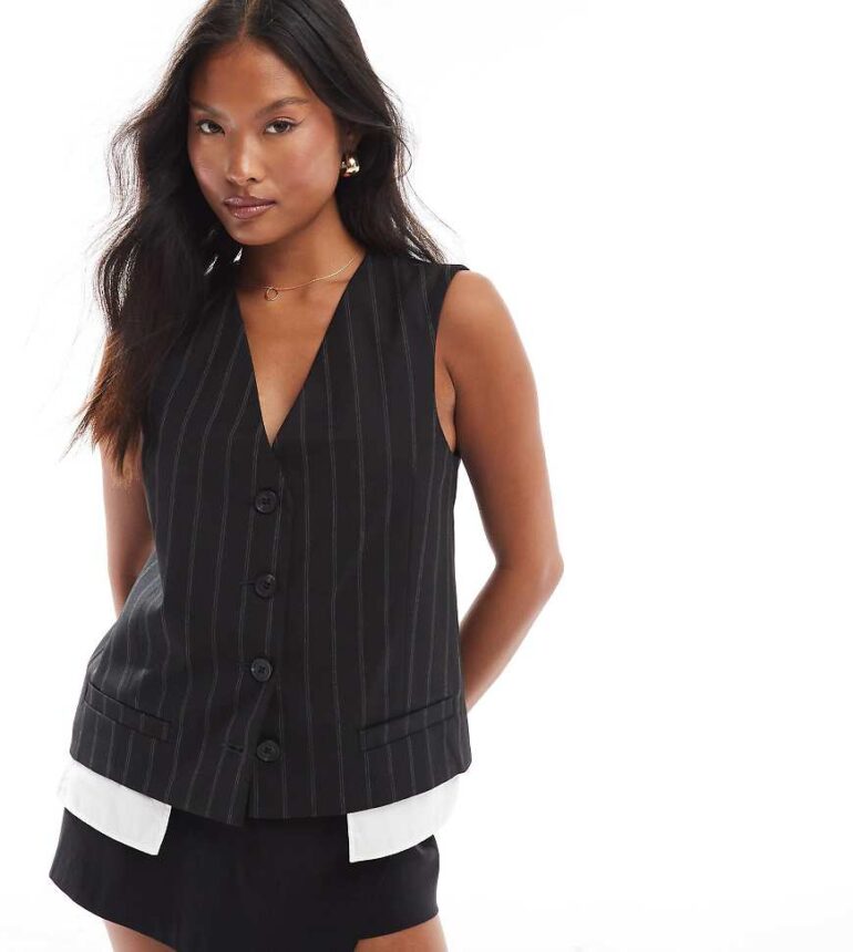 ASOS DESIGN Petite exposed pocket waistcoat in black stripe
