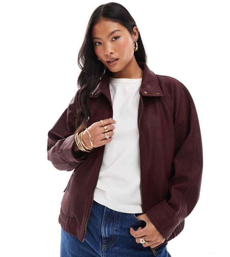 ASOS DESIGN Petite leather look bomber jacket in burgundy-Red