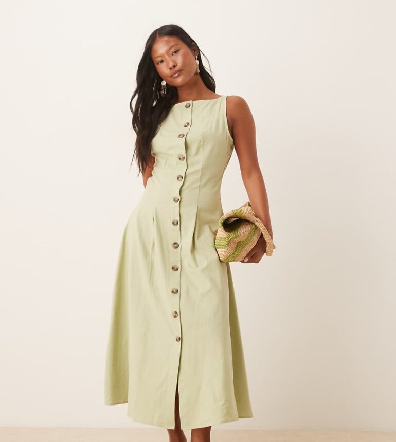 ASOS DESIGN Petite slash neck button down waistcoat midi dress sage-Green