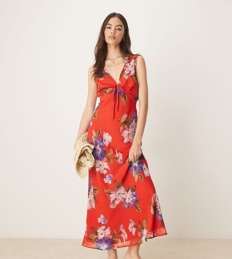 ASOS DESIGN Tall V neck slip midi dress with bust tie detail in red floral print-Multi