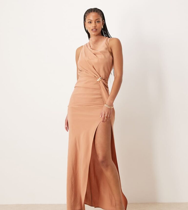 ASOS DESIGN Tall asymmetric neckline maxi dress with hardware trim in mocha-Brown
