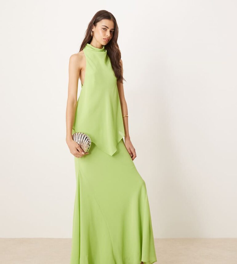 ASOS DESIGN Tall chiffon high neck double layer maxi dress in lime-Green