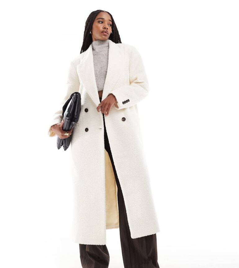 ASOS DESIGN Tall cosy boucle dad coat in cream-White
