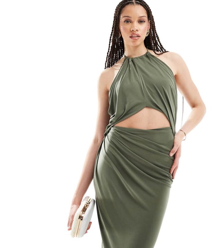 ASOS DESIGN Tall halter ruched midi dress with central cut out detail in soft khaki-Green