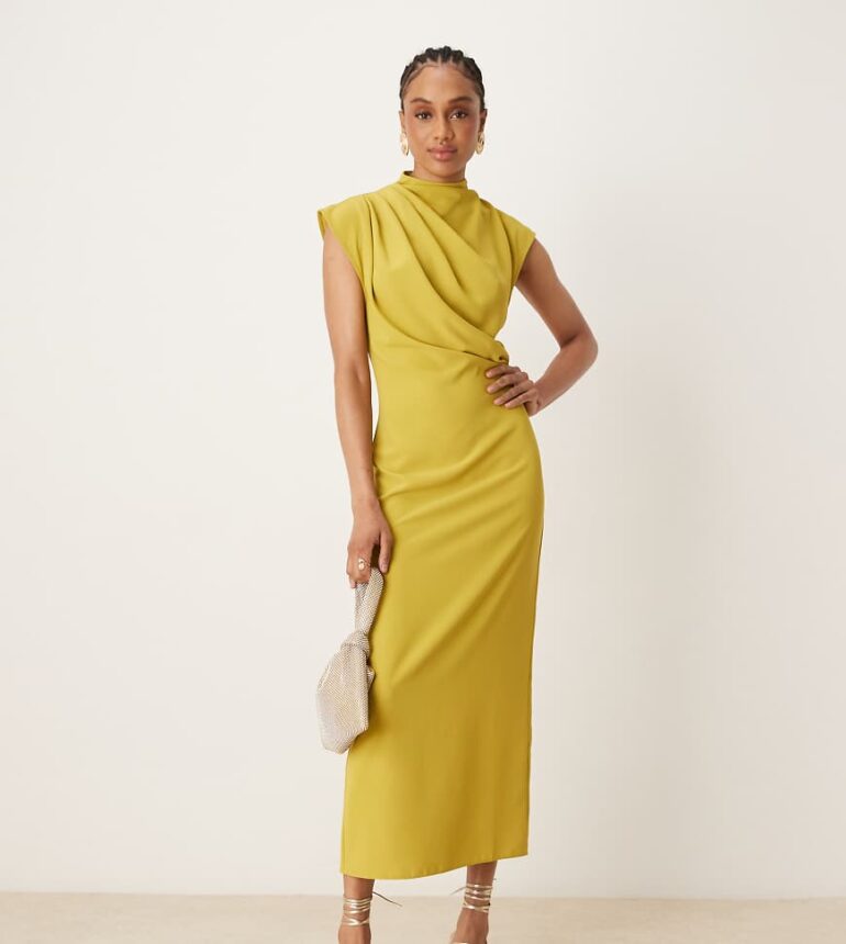 ASOS DESIGN Tall high neck sleeveless midi dress with draped neck in gold-Neutral