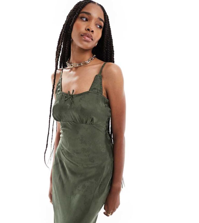 ASOS DESIGN Tall jacquard bra detail ruched bust cami midi slip dress in forest green