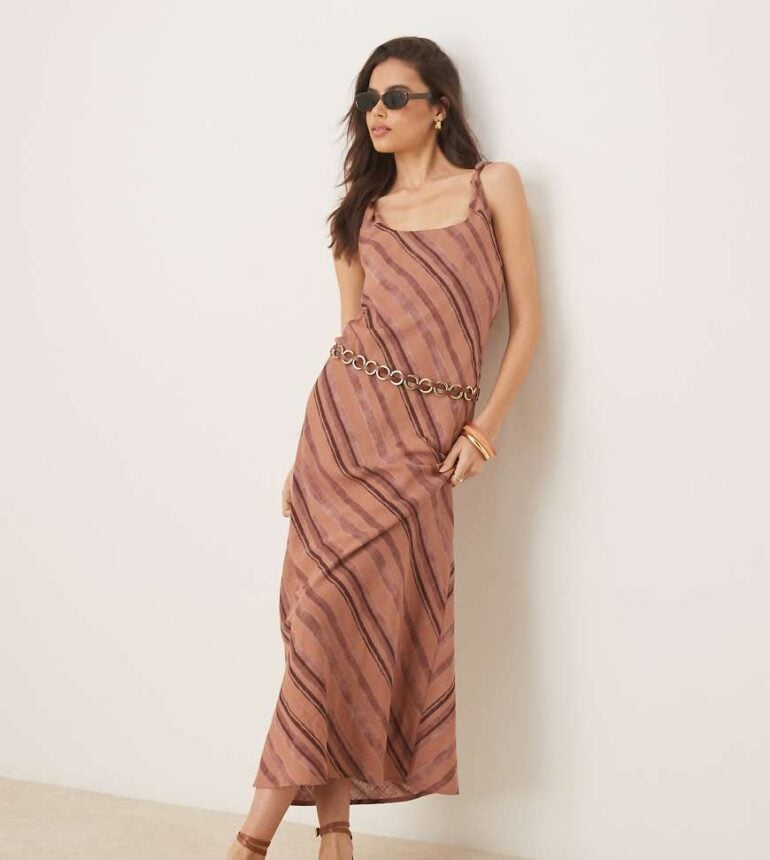 ASOS DESIGN Tall linen look twist strap bias maxi dress in chocolate stripe-Multi