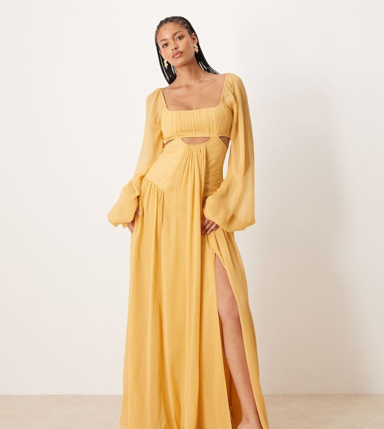 ASOS DESIGN Tall long sleeve cut out maxi dress with ruched skirt in mustard-Yellow