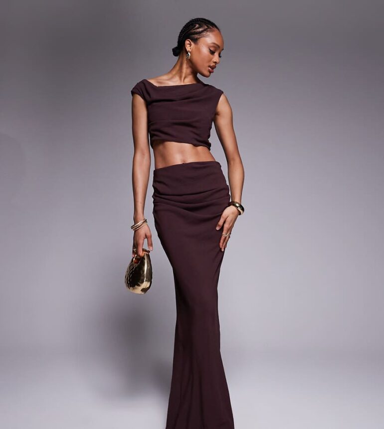 ASOS DESIGN Tall off shoulder fauxord maxi dress in fudge-Brown