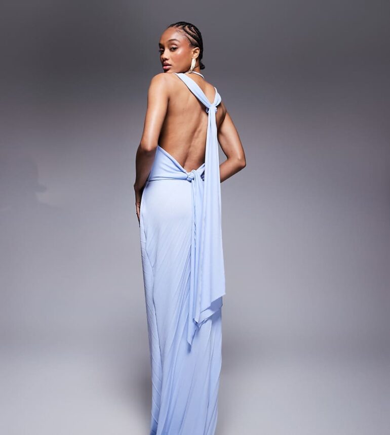 ASOS DESIGN Tall pleated slash neck maxi dress with knotted back detail in light blue
