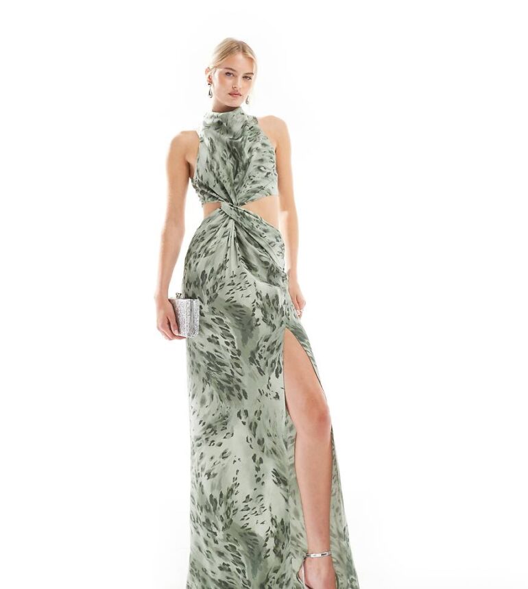 ASOS DESIGN Tall racer neck maxi dress with twist waist detail in abstract leopard print-Multi