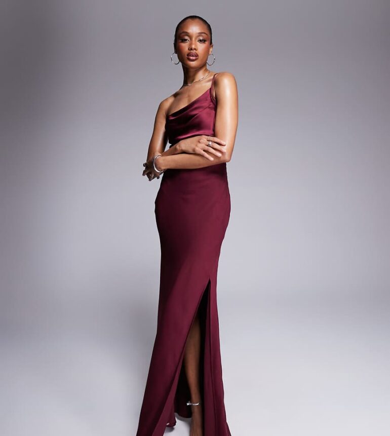 ASOS DESIGN Tall satin chiffon mix draped one shoulder maxi dress in burgundy-Red