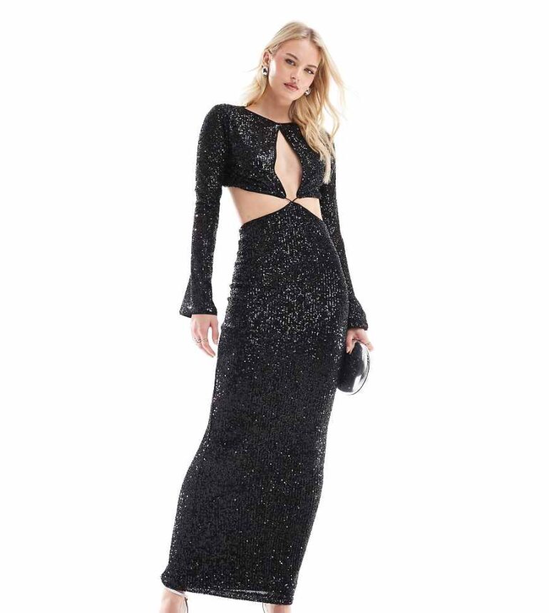 ASOS DESIGN Tall sequin long sleeve wrap around maxi dress with keyhole detail in black