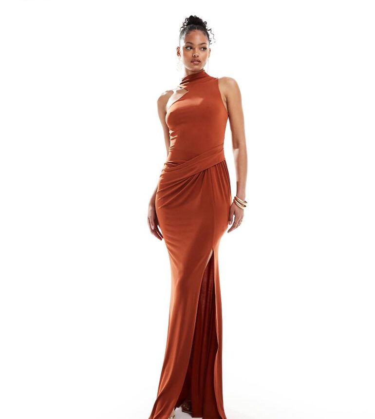 ASOS DESIGN Tall slinky maxi dress with asymmetric neckline in rust-Brown