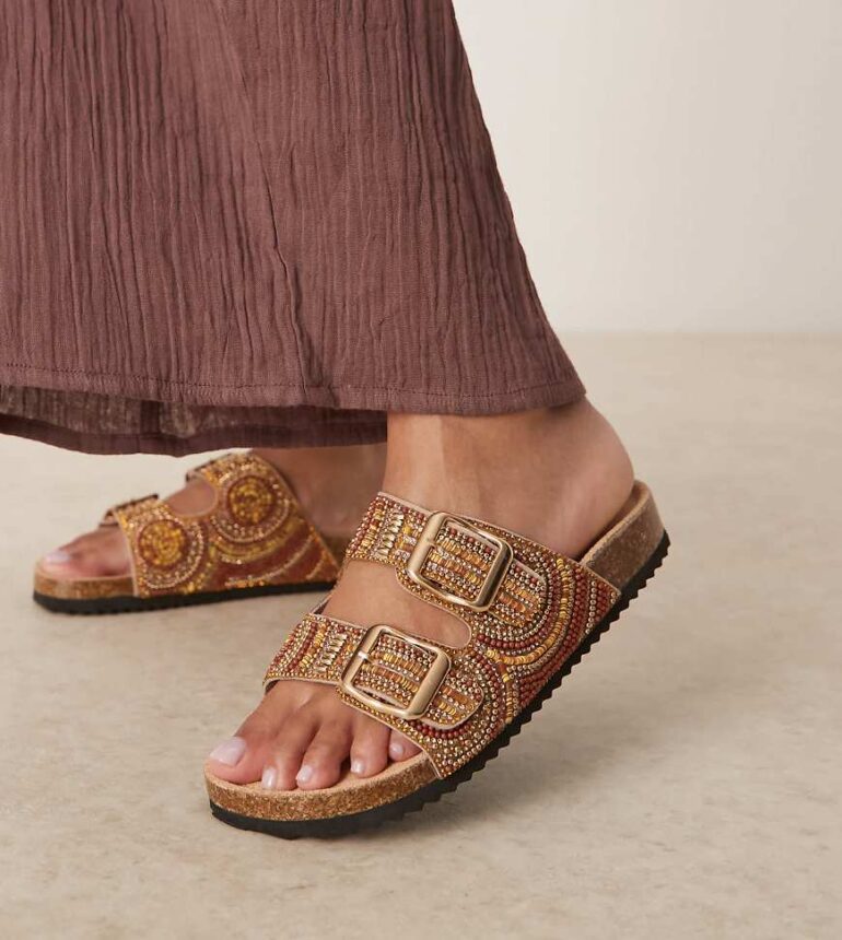 ASOS DESIGN Wide Fit Funky beaded double strap flat mules in amber-Brown