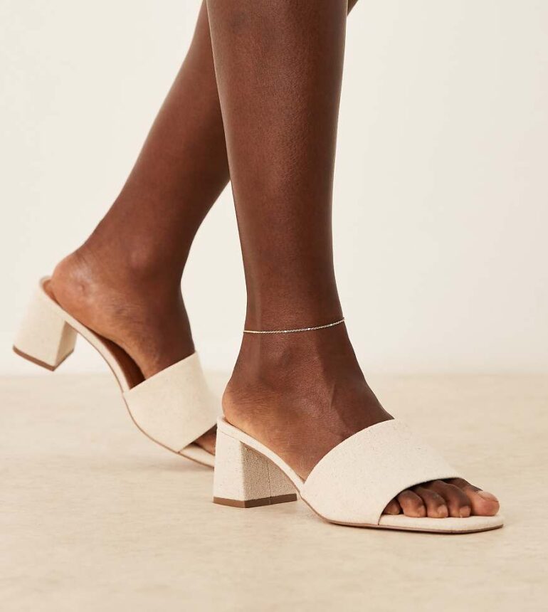 ASOS DESIGN Wide Fit Honeycomb mid heeled mules in natural linen-Neutral