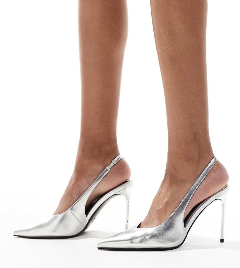 ASOS DESIGN Wide Fit Panther pointed slingback high heeled court shoes in silver