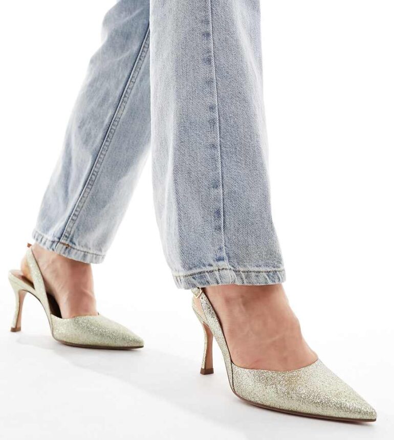 ASOS DESIGN Wide Fit Samber 2 slingback stiletto heels in gold glitter