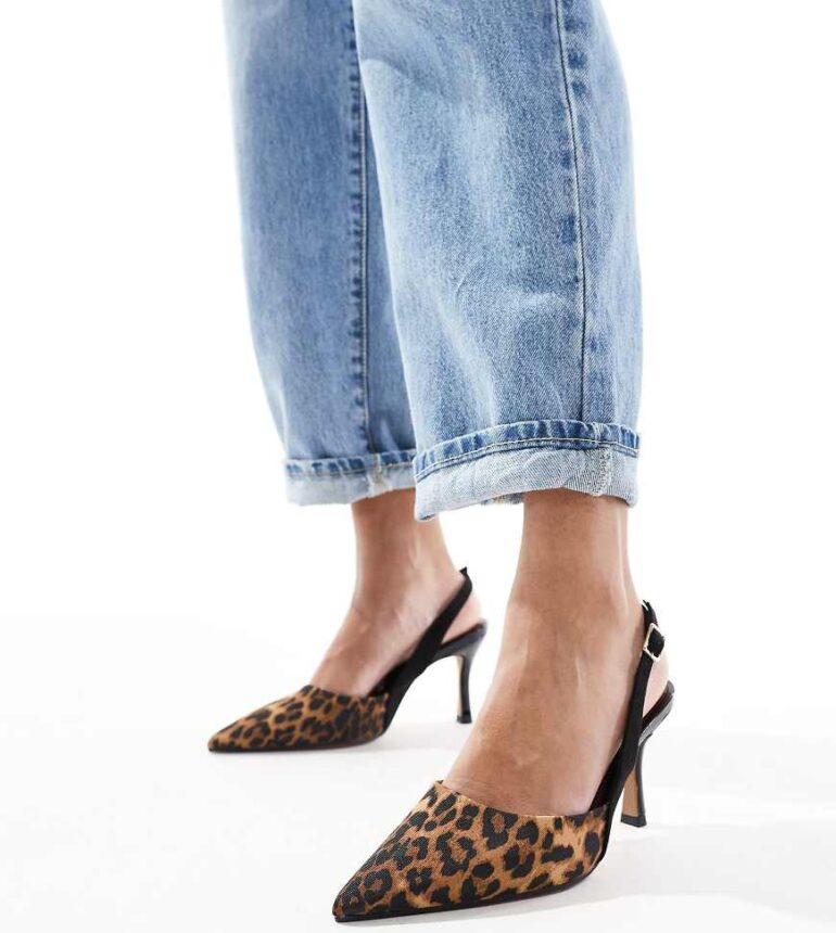 ASOS DESIGN Wide Fit Samber slingback stiletto heels in black and leopard-Multi