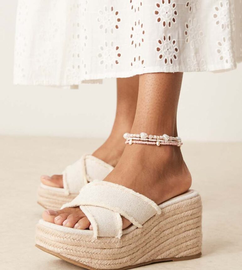 ASOS DESIGN Wide Fit Twirl cross strap wedges in natural-Neutral
