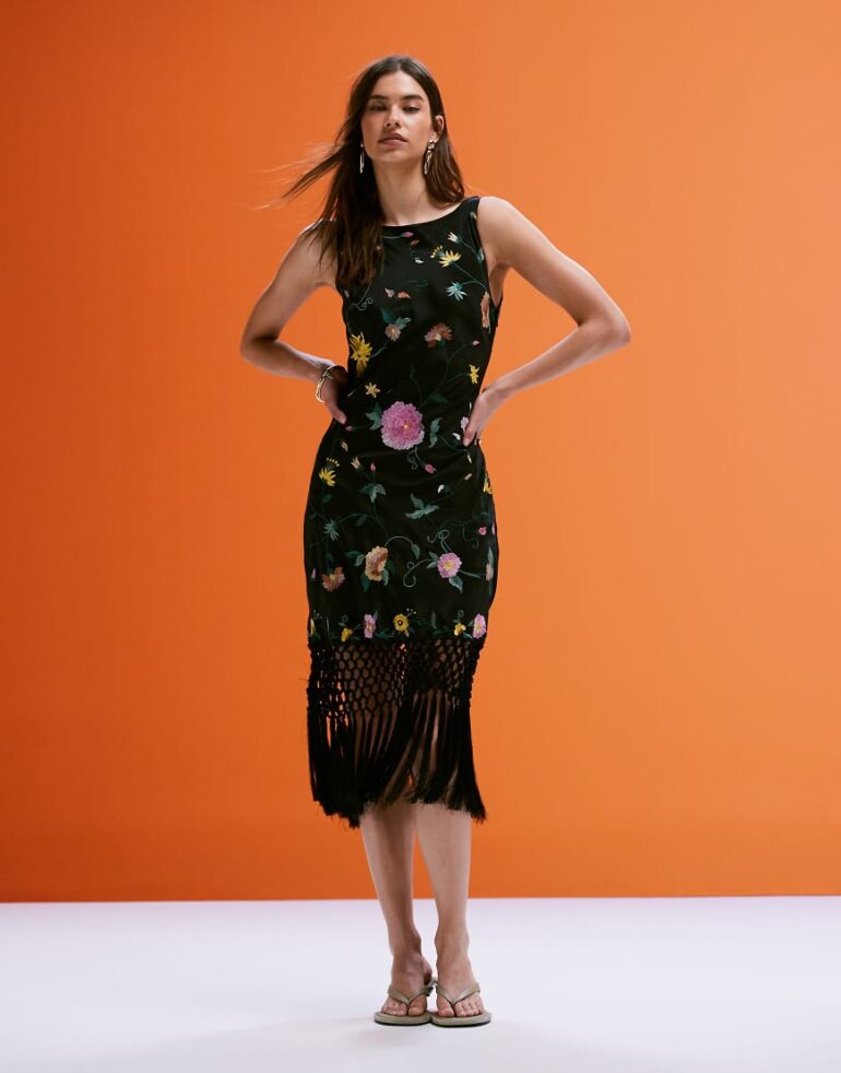 ASOS DESIGN all over embroidered cowl back mini dress with fringe hem in black