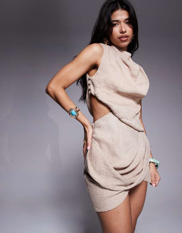 ASOS DESIGN asymmetric drape mini dress in mocha-Brown