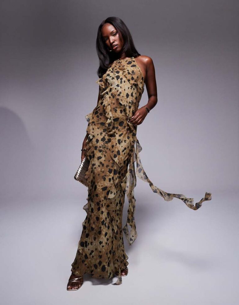 ASOS DESIGN asymmetric frill detail maxi dress in leopard print-Multi