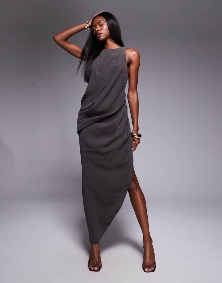 ASOS DESIGN asymmetric hem drape maxi dress in charcoal-Grey