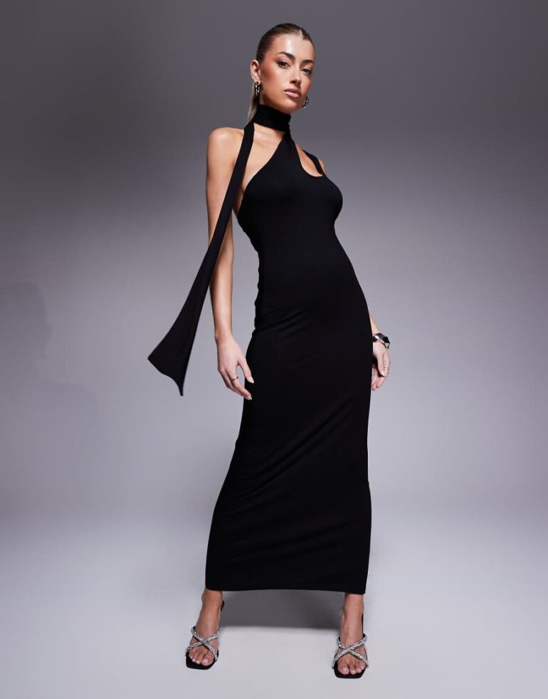 ASOS DESIGN asymmetric slash shoulder midi dress with halter neck tie in black