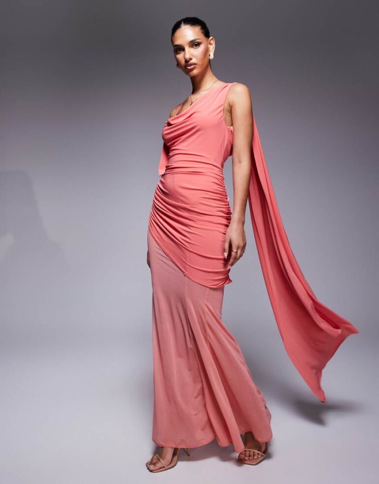 ASOS DESIGN asymmetric slinky ruched maxi dress with sheer skirt in coral-Orange
