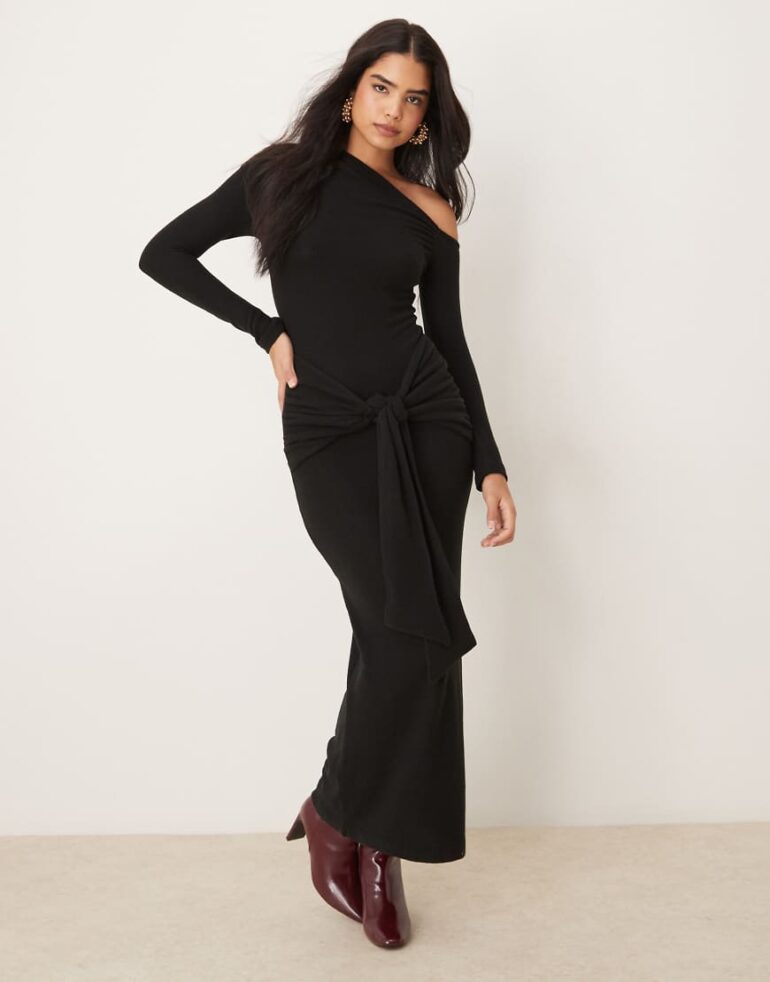 ASOS DESIGN asymmetric super soft maxi dress with tie in black