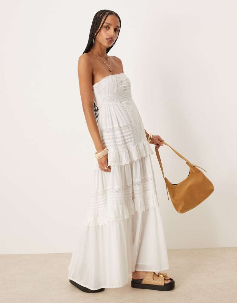 ASOS DESIGN bandeau maxi dress with pintucks and lace tiers in white