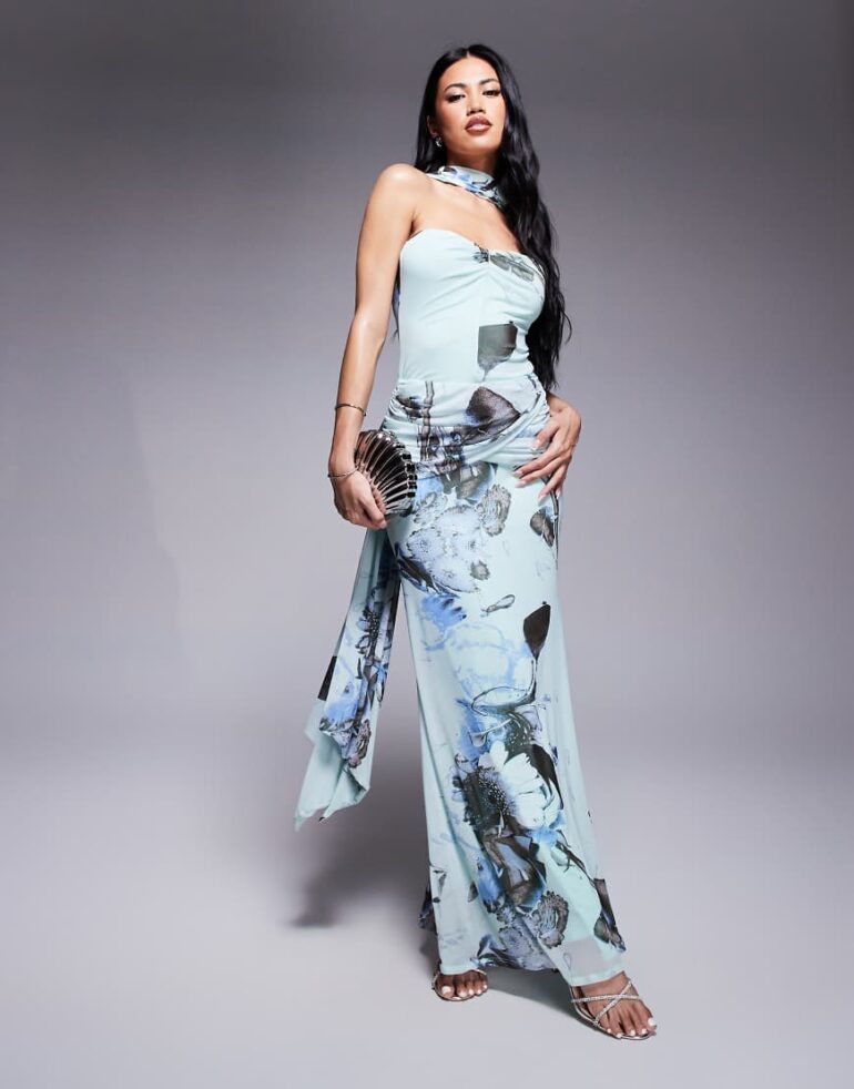 ASOS DESIGN bandeau mesh maxi dress with cowl back sash detail in blue floral-Multi
